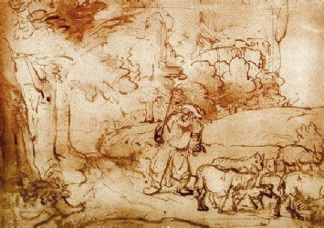 Moses by die brandende bos - Rembrandt skets