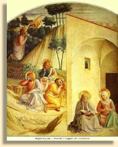 Fra Angelico 1450 - Agony in the Garden, after the Mount of Olives, Jesus went up to the Garden of Gethsemane. He took with him Peter, James and John. He prayed there to his father Lord, begging him to release him from crucifixion. 